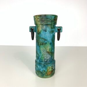 Alvino Bagni Sea Garden Vase Blue Green Iron Loop Handles MCM Italy Pottery Vtg